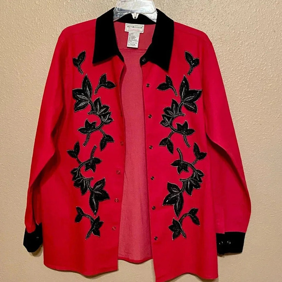 Victor Costa Top Women L Red Snap Front Black Velvet Trim Beaded Western Floral - Picture 8 of 8